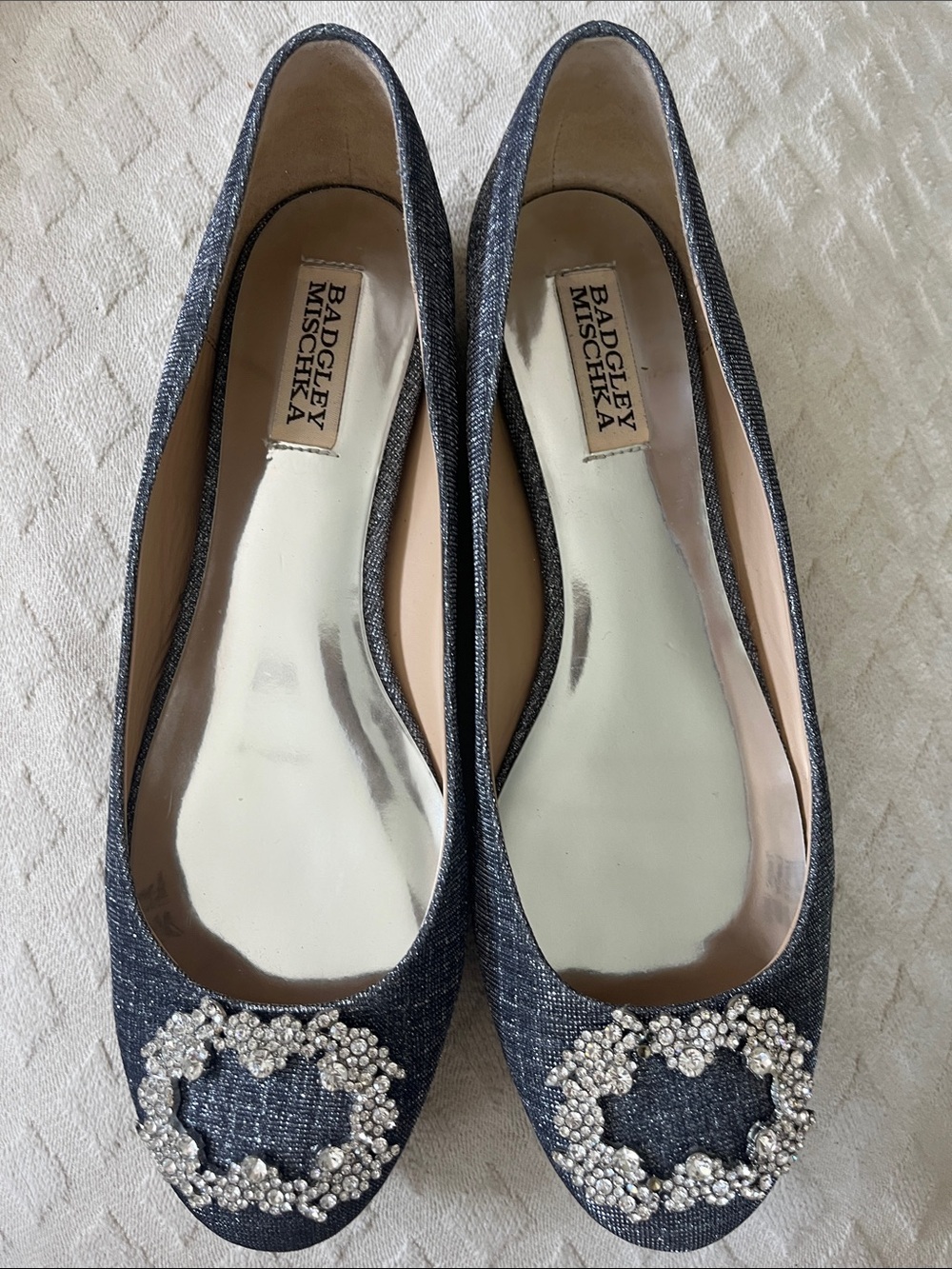 Badgley Mischka Navy Denim Crystal-Embellished Ballet Flats